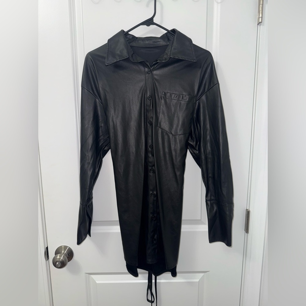 Black Faux Leather Button-Up Shirt Dress